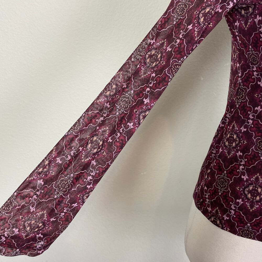 Vintage New York & Co. Maroon Geometric Floral Mesh Knit Babydoll Top Small - Picture 4 of 11